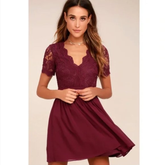 Lulu's Burgundy Angel in Disguise Skater Lace Chiffon Dress Sz. M - Picture 1 of 5